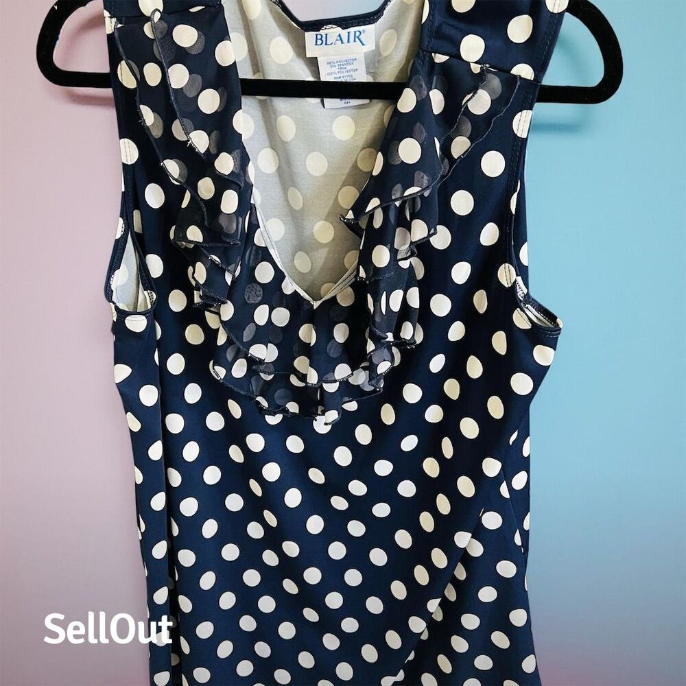 Blair Women's L Blue Polka Dot Ruffle V-Neck Blouse